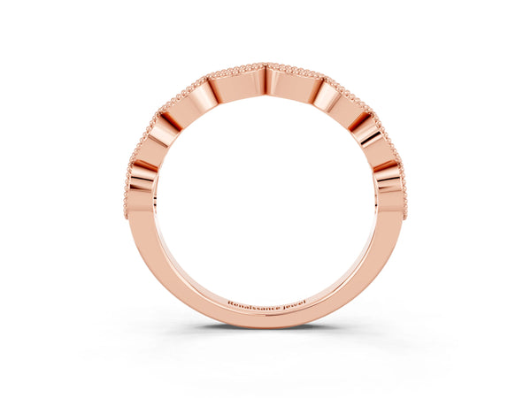 Rose Gold Round Lab-Grown Ruby Vintage Milgrain Marquise Frame Half Eternity Band