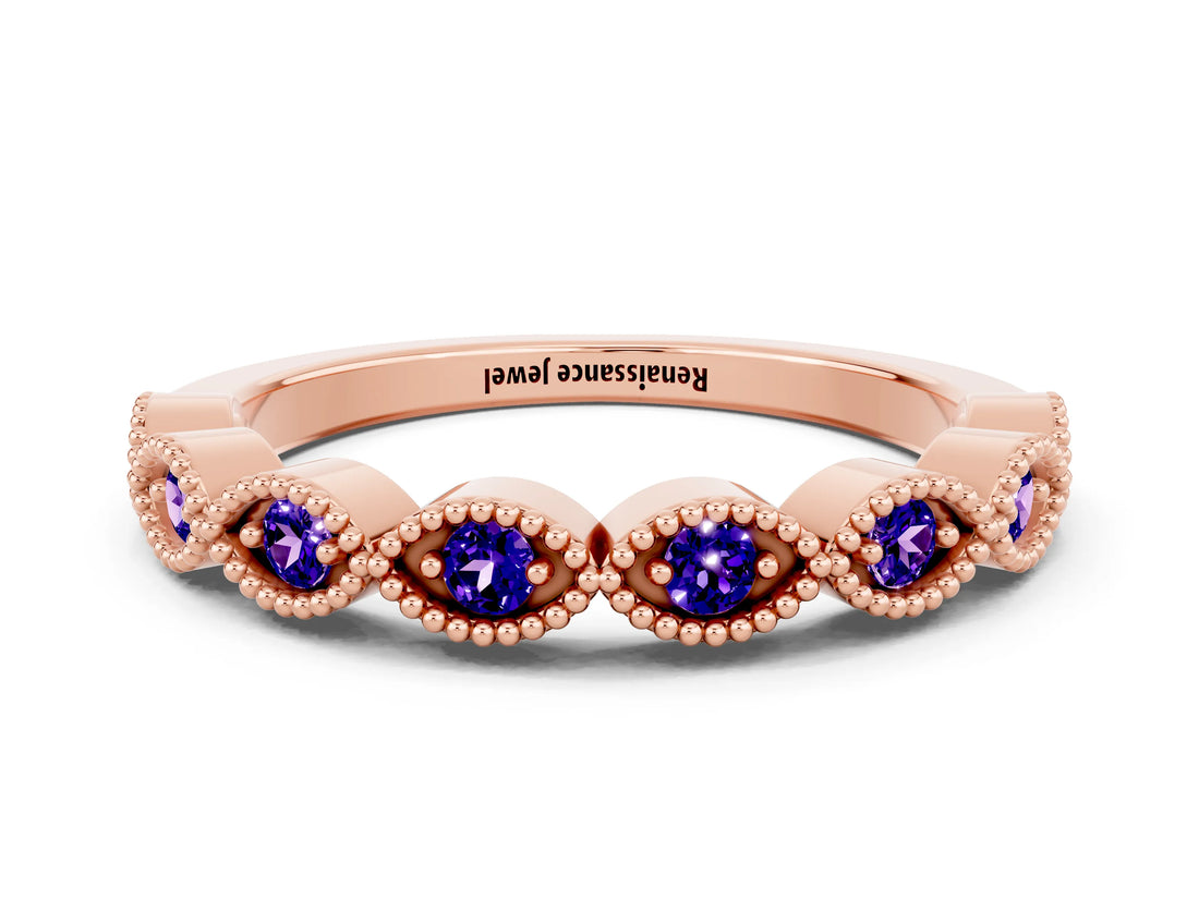 Rose gold Milgrain Marquise Tanzanite Half Eternity Band with Bezel Setting_18