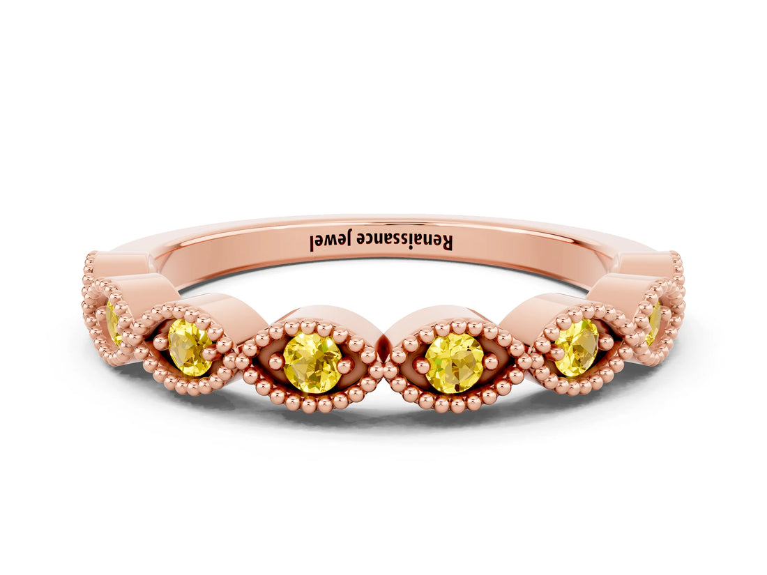 Rose gold Milgrain Marquise Yellow Sapphire Half Eternity Band with Bezel Setting_18