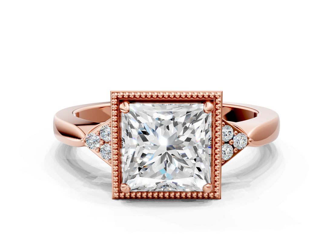 Rose gold Milgrain Princess Cut Diamond Ring with Tapered Pave Band and Four Prong Setting_3