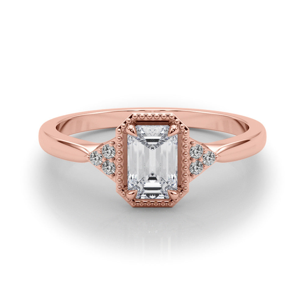 Rose gold Milgrain Radiant Cut Diamond Ring with Tapered Pave Band and Four Prong Setting 2