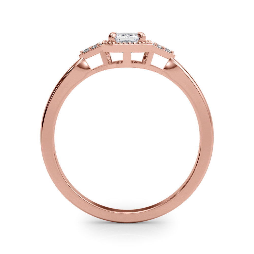 Rose gold Milgrain Radiant Cut Diamond Ring with Tapered Pave Band and Four Prong Setting