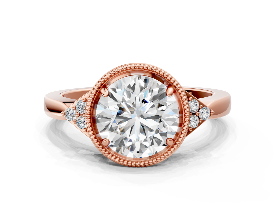 Rose gold Milgrain Round Cut Diamond Ring with Tapered Pave Band and Four Prong Setting_3
