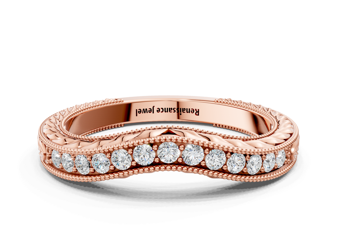 Rose gold Milgrain Round Diamond Curved Eternity Band with Pavé Setting_4