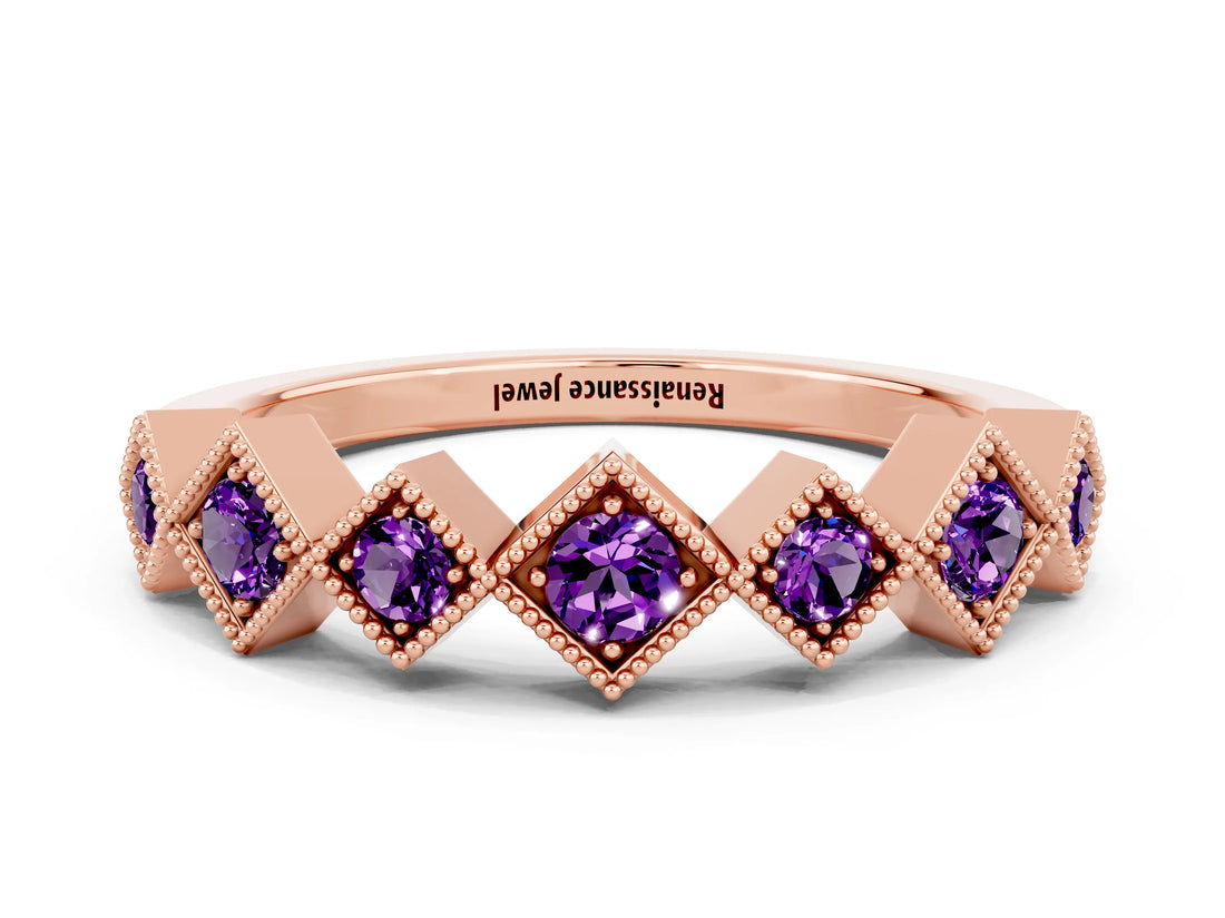 Rose gold Milgrain Square Bezel Round Amethyst Chevron Band_6
