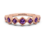 Rose gold Milgrain Square Bezel Round Amethyst Chevron Band_6