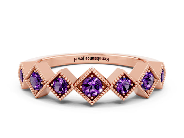 Rose Gold Round Amethyst Vintage Wedding Band with Milgrain Square Bezels