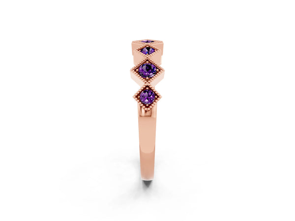 Rose Gold Round Amethyst Vintage Wedding Band with Milgrain Square Bezels