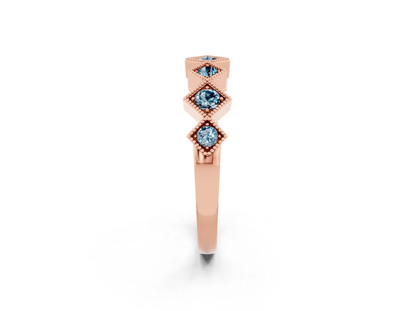 Rose Gold Round Aquamarine Vintage Wedding Band with Milgrain Square Bezels