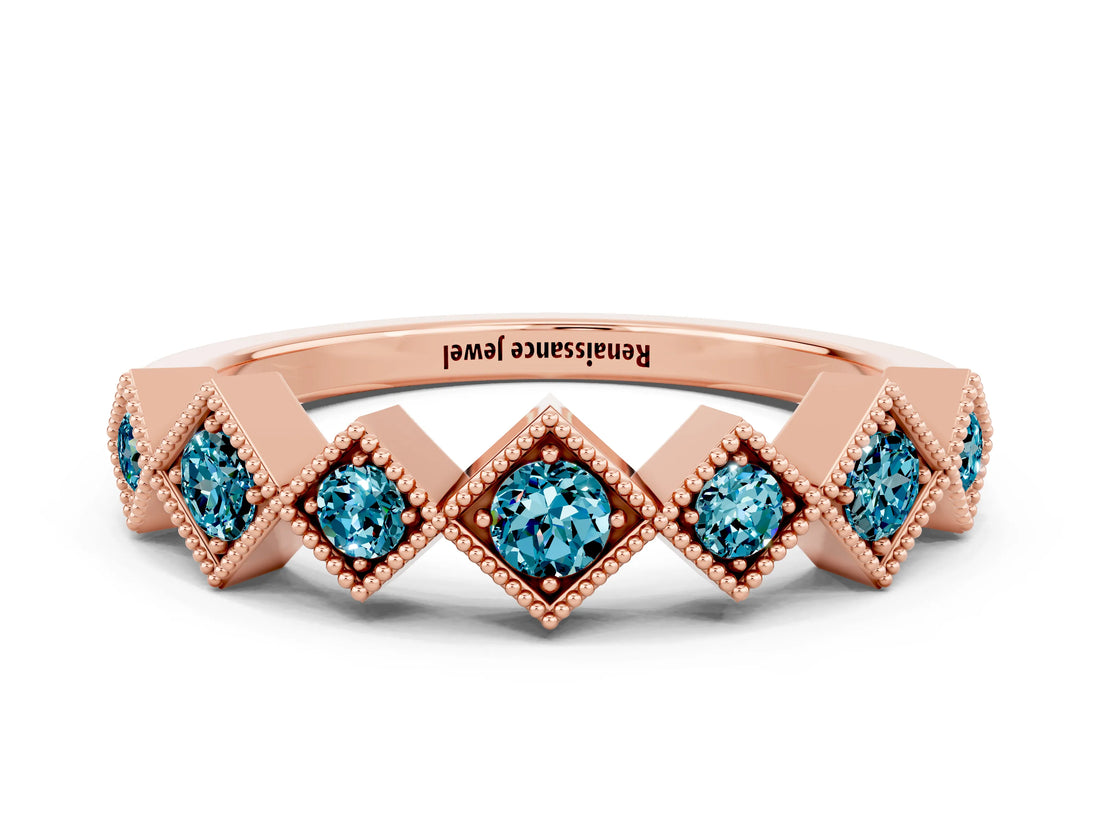 Rose gold Milgrain Square Bezel Round Blue Topaz Chevron Band_6