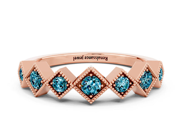 Rose Gold Round Blue Topaz Vintage Wedding Band with Milgrain Square Bezels