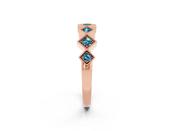 Rose Gold Round Blue Topaz Vintage Wedding Band with Milgrain Square Bezels