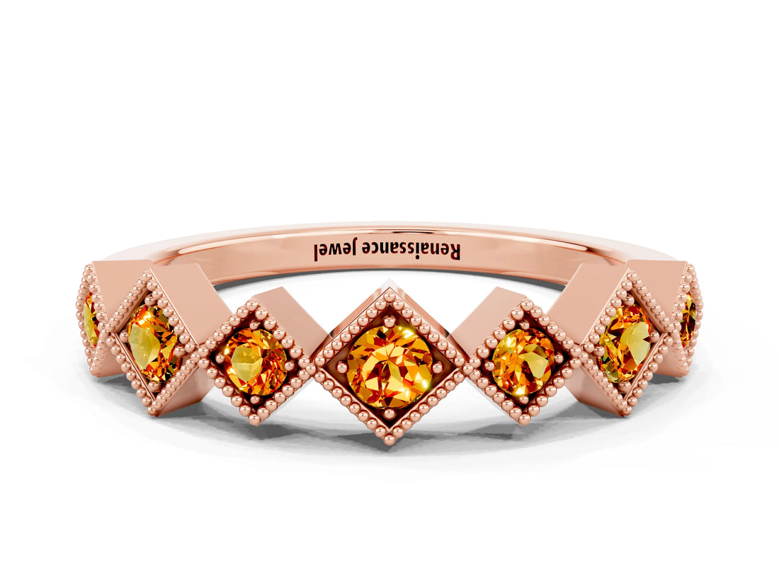 Rose gold Milgrain Square Bezel Round Citrine Chevron Band_6