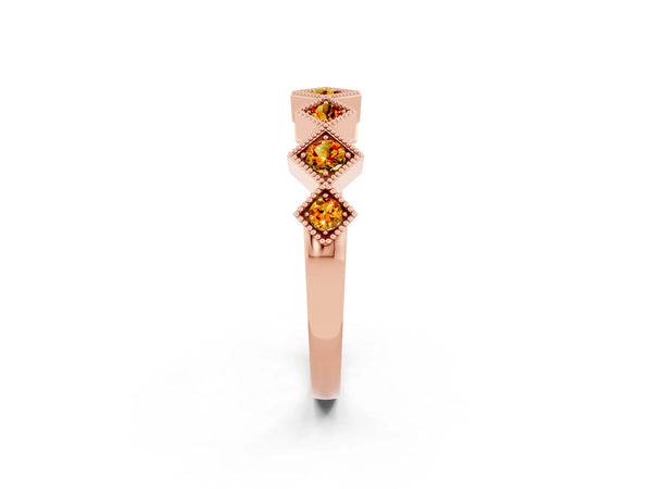 Rose Gold Round Citrine Vintage Wedding Band with Milgrain Square Bezels