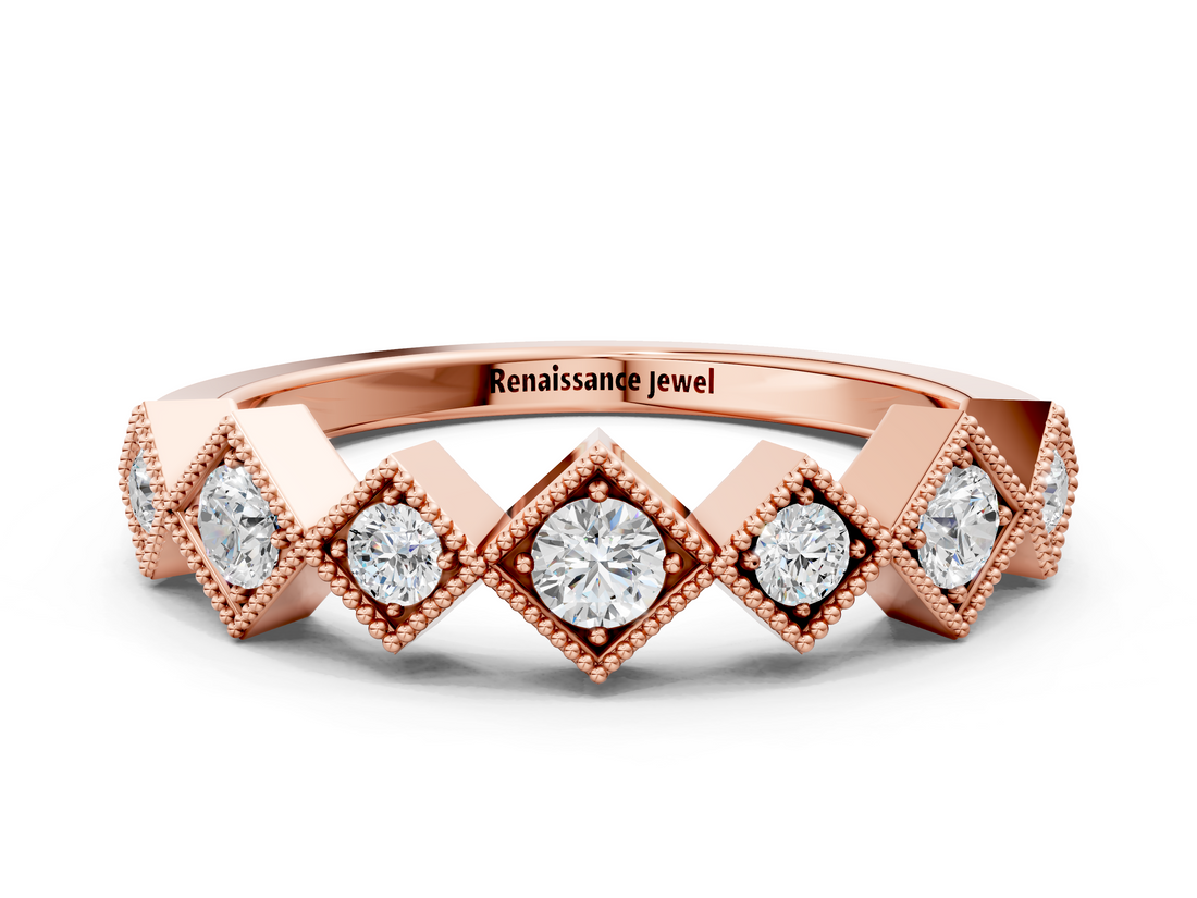 Rose gold Milgrain Square Bezel Round Diamond Chevron Band_23
