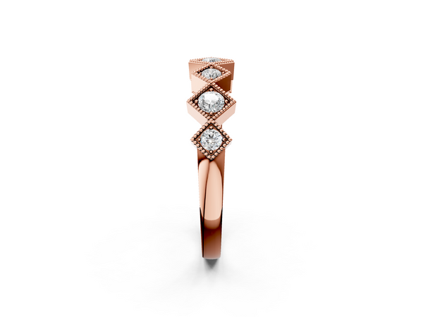 Rose gold Milgrain Square Bezel Round Diamond Chevron Band