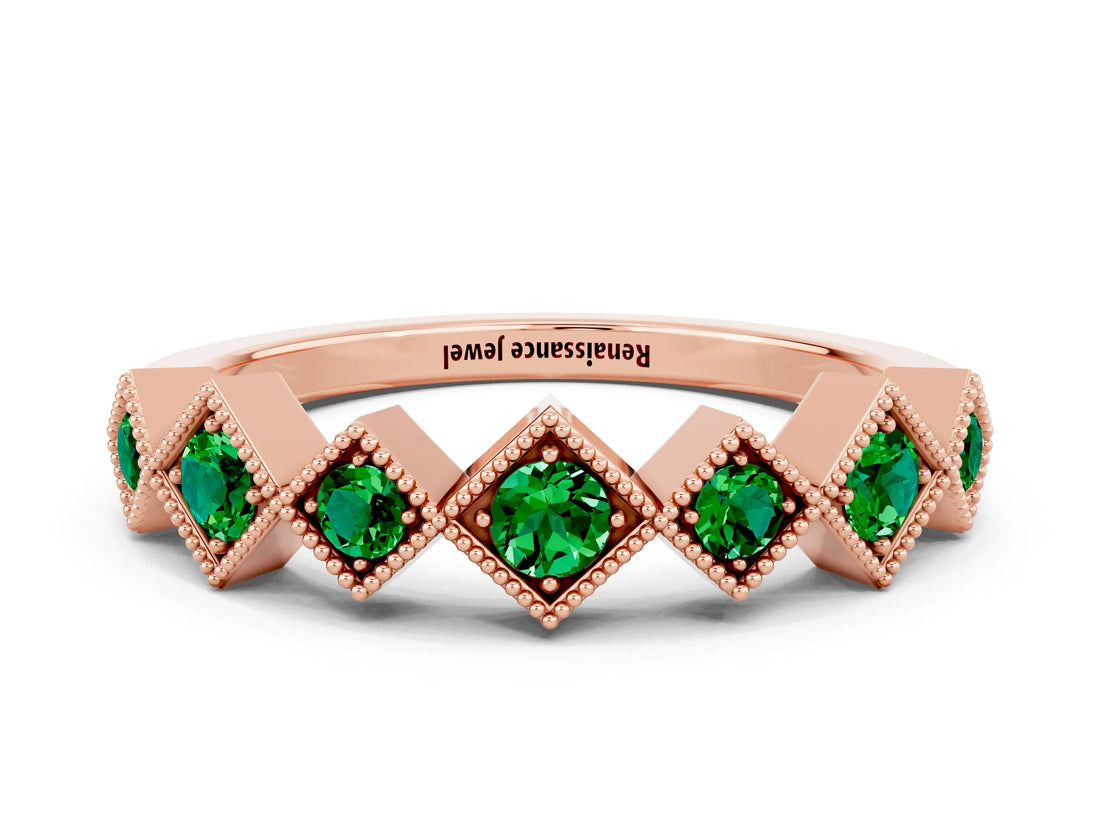 Rose gold Milgrain Square Bezel Round Emerald Chevron Band_6