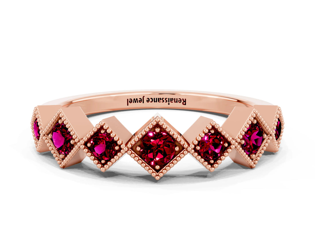 Rose gold Milgrain Square Bezel Round Garnet Chevron Band_6