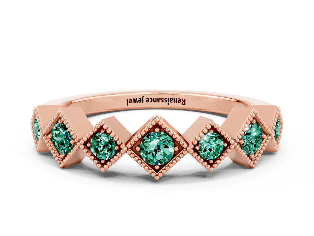 Rose gold Milgrain Square Bezel Round Green Sapphire Chevron Band_6