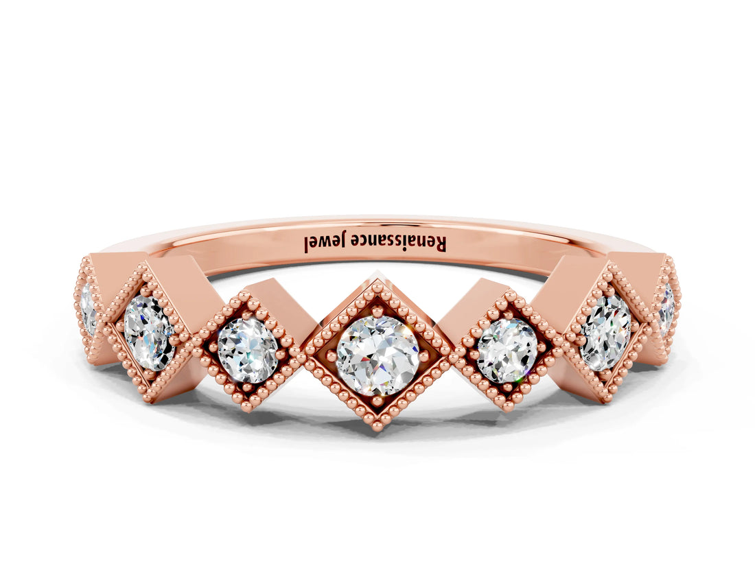 Rose gold Milgrain Square Bezel Round Moissanite Chevron Band_6