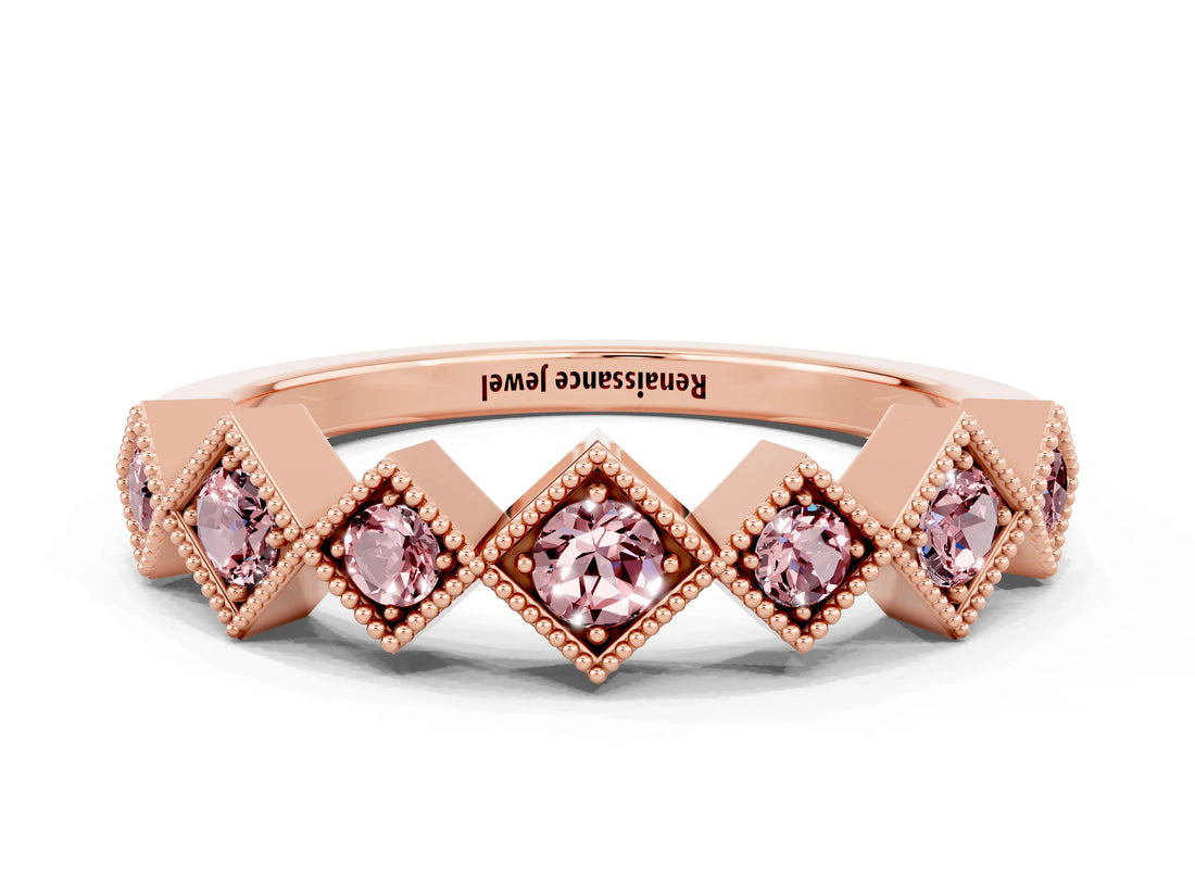 Rose gold Milgrain Square Bezel Round Morganite Chevron Band_6