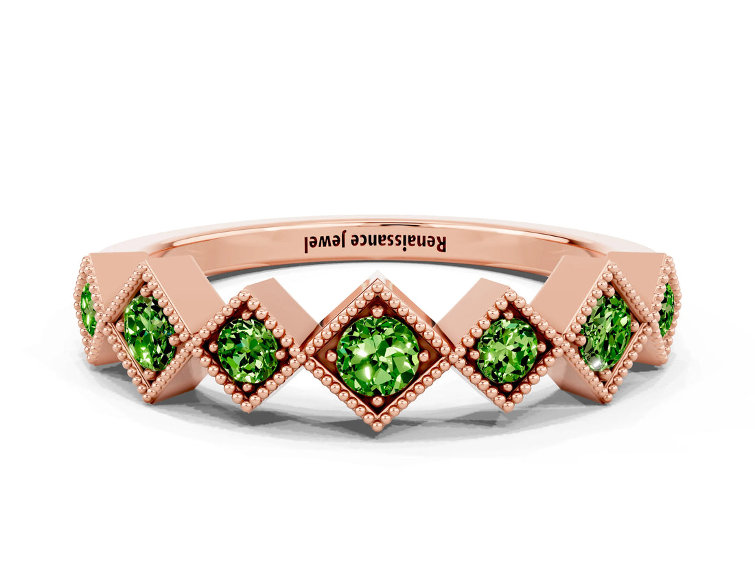 Rose gold Milgrain Square Bezel Round Peridot Chevron Band_6