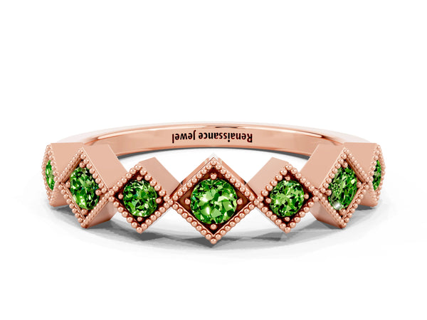 Rose Gold Round Peridot Vintage Wedding Band with Milgrain Square Bezels