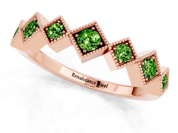 Rose Gold Round Peridot Vintage Wedding Band with Milgrain Square Bezels