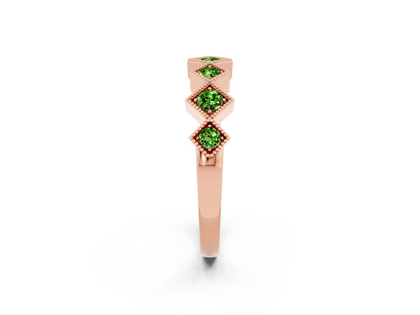 Rose Gold Round Peridot Vintage Wedding Band with Milgrain Square Bezels