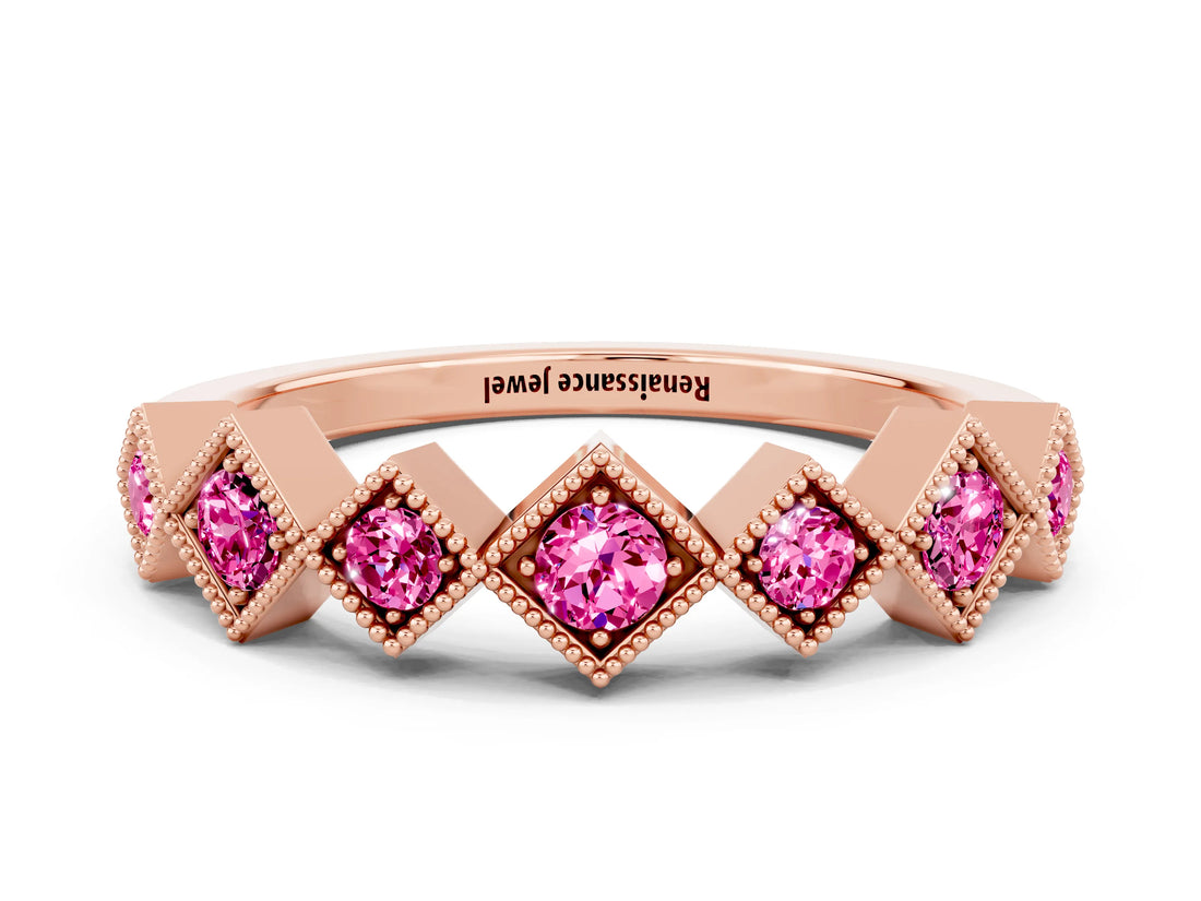 Rose gold Milgrain Square Bezel Round Pink Sapphire Chevron Band_18