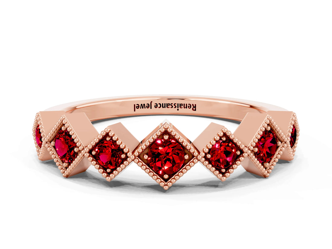 Rose gold Milgrain Square Bezel Round Ruby Chevron Band_6