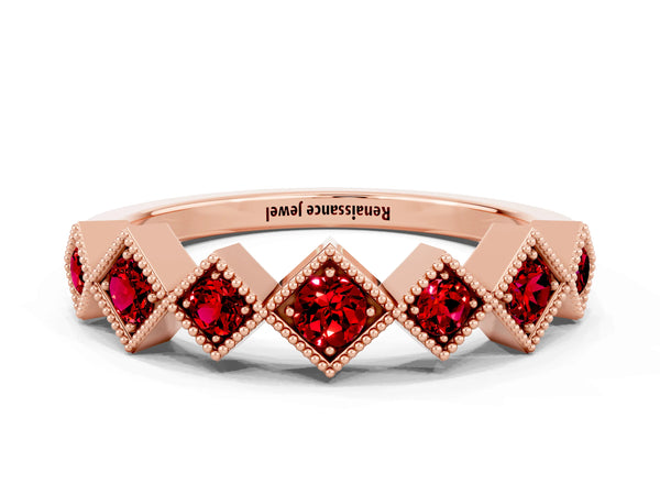 Rose Gold Round Lab-Grown Ruby Vintage Wedding Band with Milgrain Square Bezels