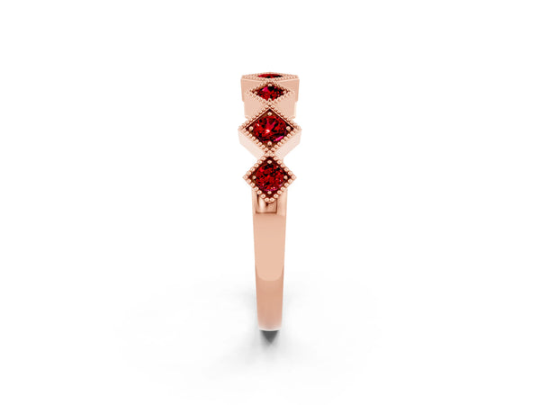 Rose Gold Round Lab-Grown Ruby Vintage Wedding Band with Milgrain Square Bezels
