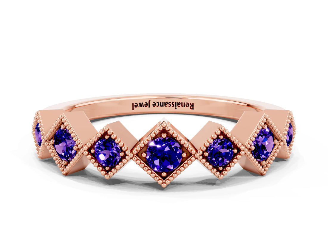 Rose gold Milgrain Square Bezel Round Tanzanite Chevron Band_6