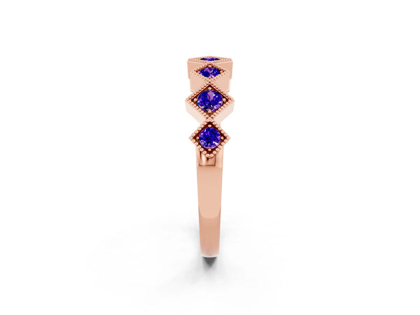 Rose Gold Round Tanzanite Vintage Wedding Band with Milgrain Square Bezels