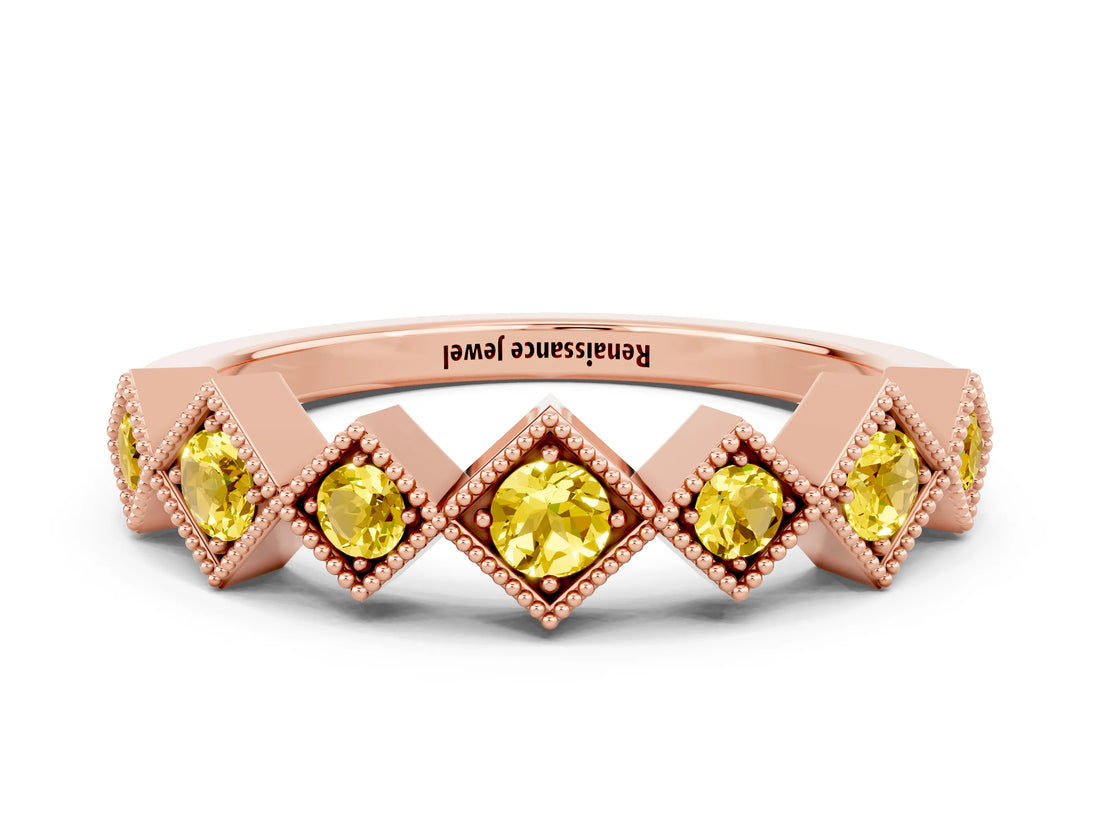 Rose gold Milgrain Square Bezel Round Yellow Sapphire Chevron Band_18
