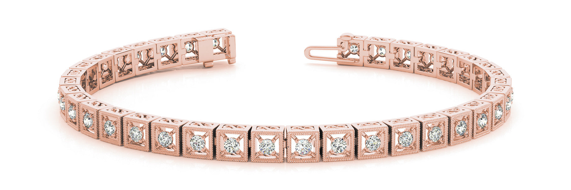 Rose gold Milgrain Square Link Bracelet with Round Cut Diamonds in Bezel Setting