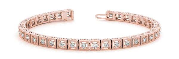 Rose gold Milgrain Square Link Bracelet with Round Cut Diamonds in Bezel Setting