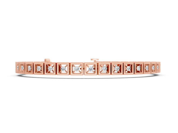 Rose gold Milgrain Square Link Bracelet with Round Cut Diamonds in Bezel Setting