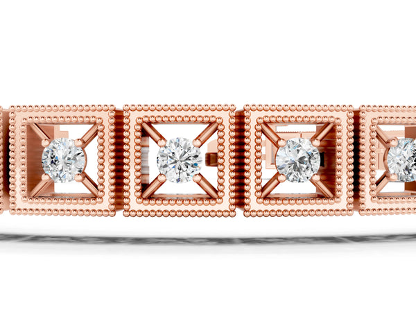 Rose gold Milgrain Square Link Bracelet with Round Cut Diamonds in Bezel Setting