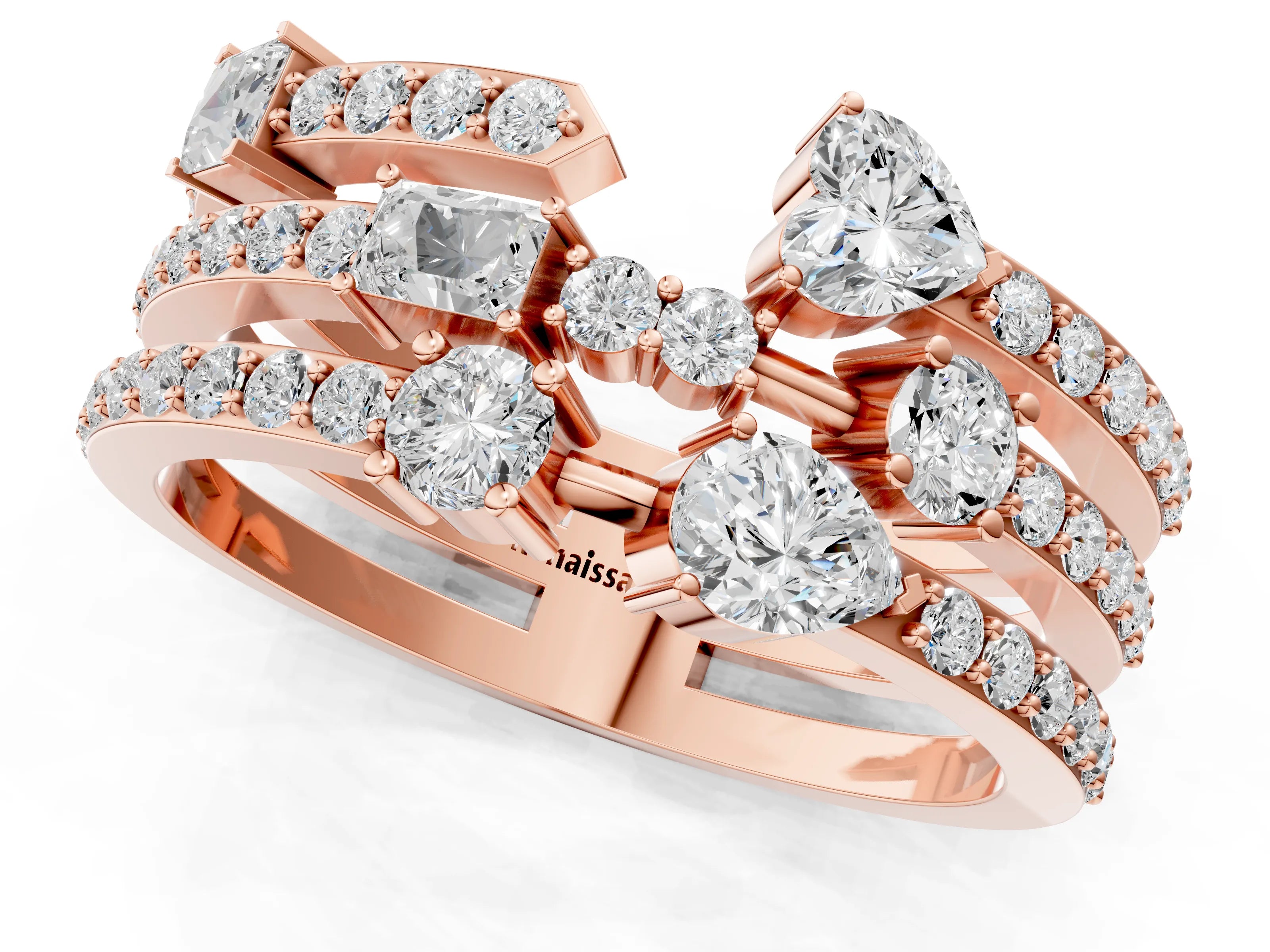 Rose gold Mixed Shape Diamond Multi Row Promise Ring with Round Diamond Accents_1