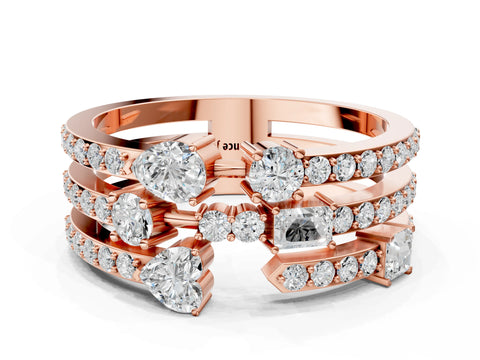Rose gold Mixed Shape Diamond Multi Row Promise Ring with Round Diamond Accents