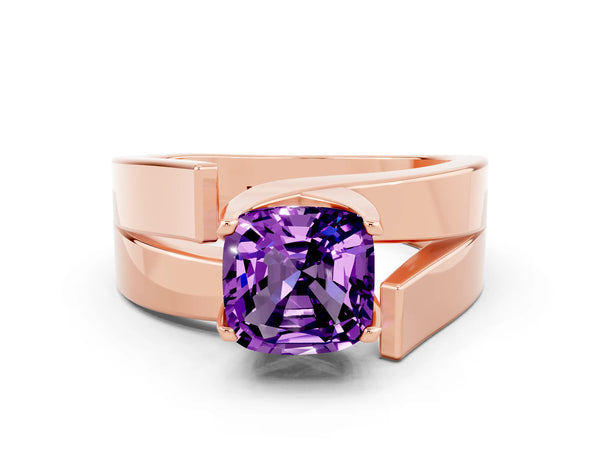 Rose gold Modern Tension Set Cushion Cut Amethyst Solitaire Wide Band Ring