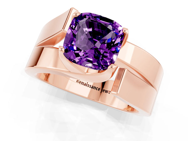 Rose gold Modern Tension Set Cushion Cut Amethyst Solitaire Wide Band Ring