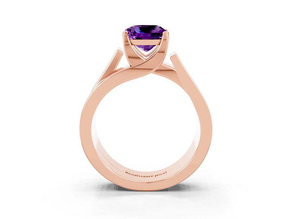 Rose gold Modern Tension Set Cushion Cut Amethyst Solitaire Wide Band Ring