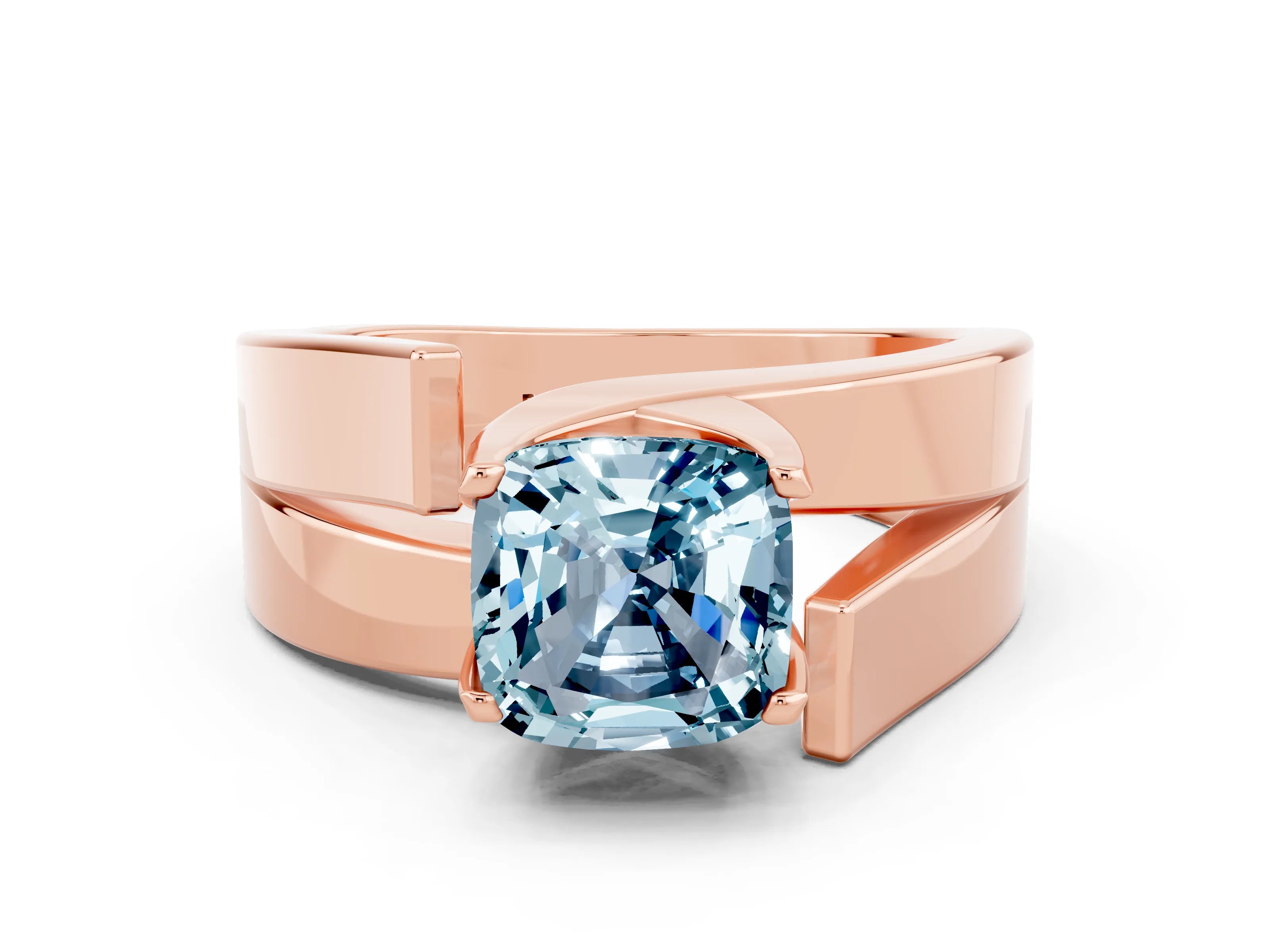 Rose gold Modern Tension Set Cushion Cut Aquamarine Solitaire Wide Band Ring