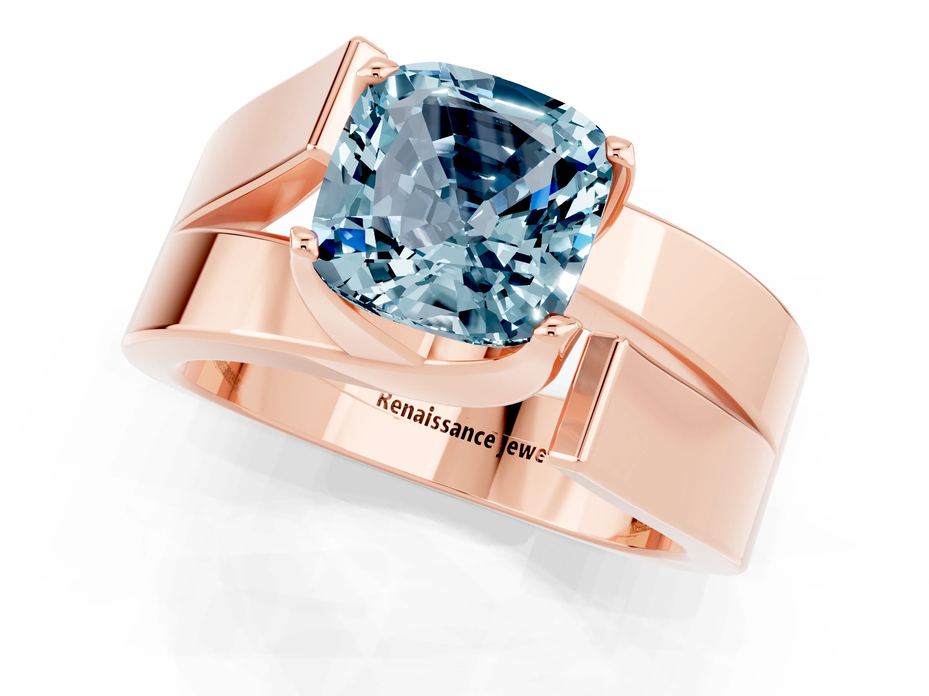 Rose gold Modern Tension Set Cushion Cut Aquamarine Solitaire Wide Band Ring_1
