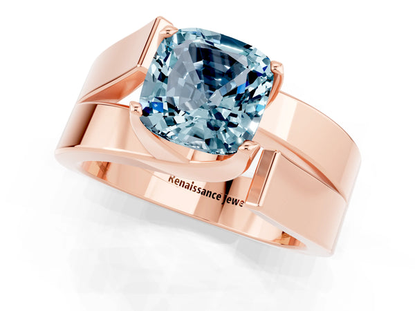 Rose gold Modern Tension Set Cushion Cut Aquamarine Solitaire Wide Band Ring