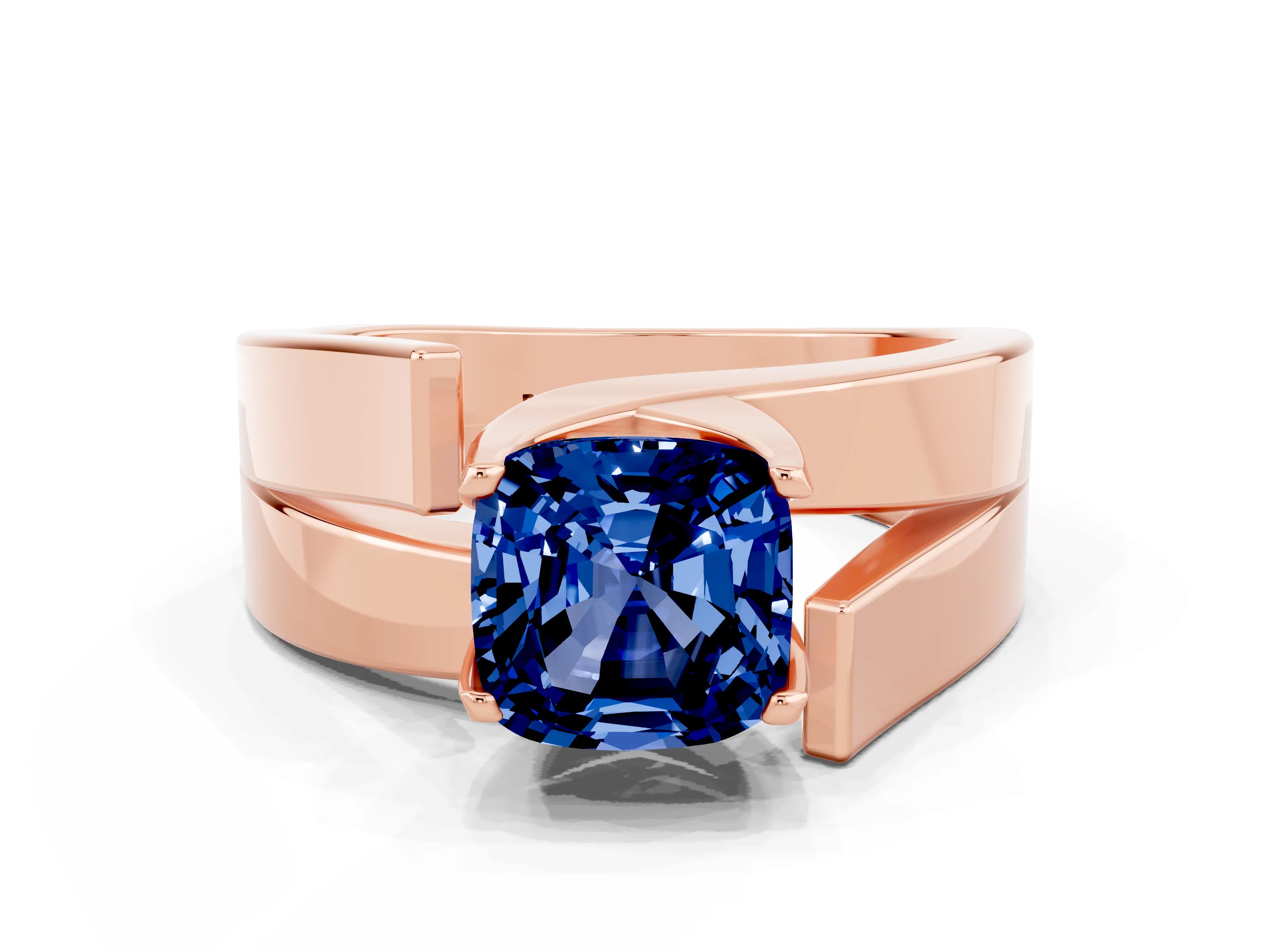 Rose gold Modern Tension Set Cushion Cut Blue Sapphire Solitaire Wide Band Ring