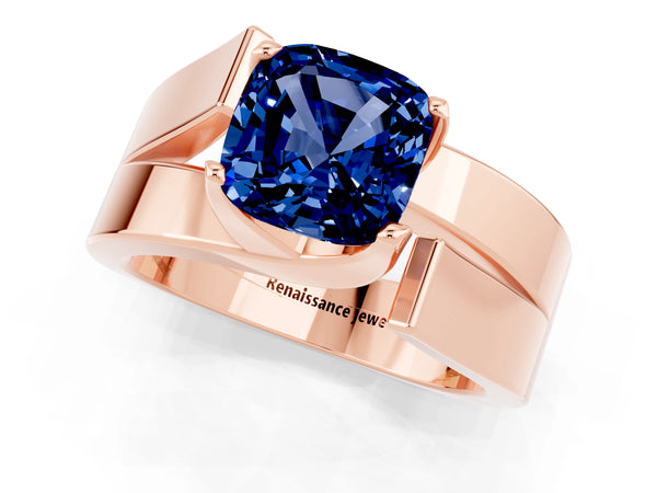Rose gold Modern Tension Set Cushion Cut Blue Sapphire Solitaire Wide Band Ring
